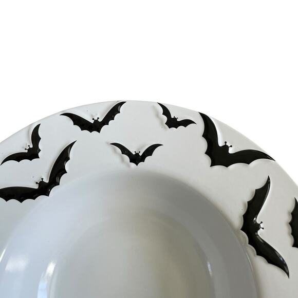 Halloween Embossed Bat Serving Bowl 13in Ceramic Black & White Spooky Boo NEW - Picture 3 of 13